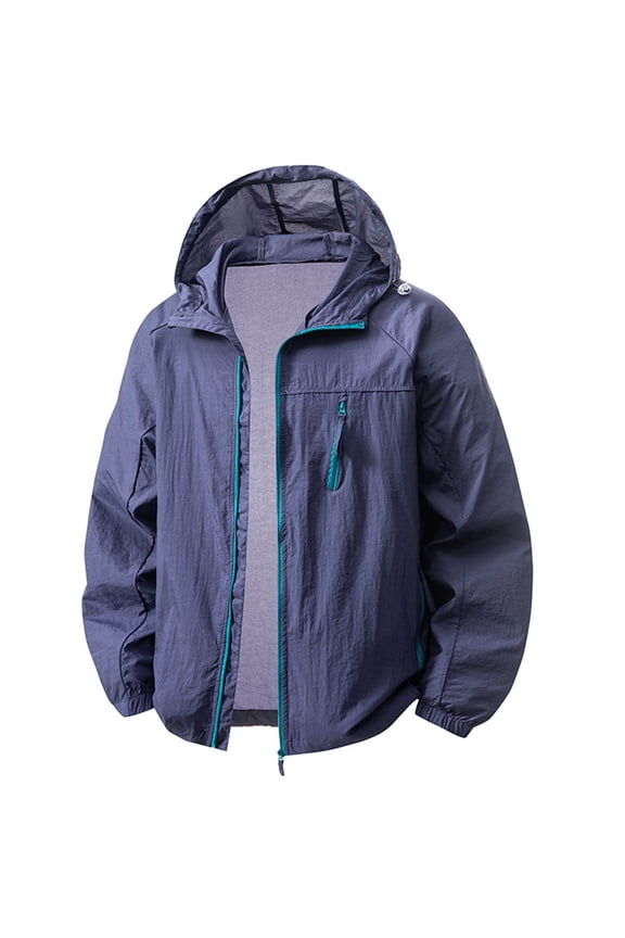 Rash Guard Men UPF 50+ Sun Protection Jacket Full Zip Hooded Windbreaker with Contrast Zipper Lightweight Breathable Outdoor Hiking Fishing Travel Outerwear
