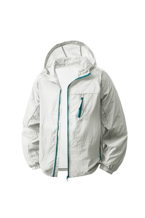 Rash Guard Men UPF 50+ Sun Protection Jacket Full Zip Hooded Windbreaker with Contrast Zipper Lightweight Breathable Outdoor Hiking Fishing Travel Outerwear