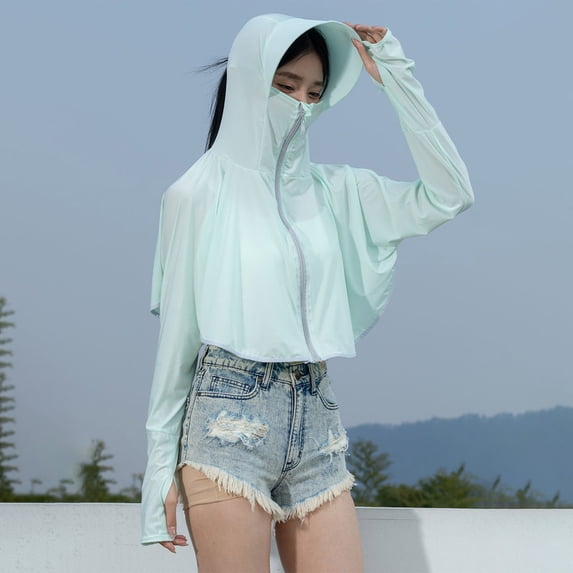 Maqroz Rash Guard Women UPF 50+ Sun Protection Hoodie with Face Mask and Wide Brim Full Coverage UV Long Sleeve Cropped Jacket Batwing Sleeve Lightweight Hiking Cooling Top