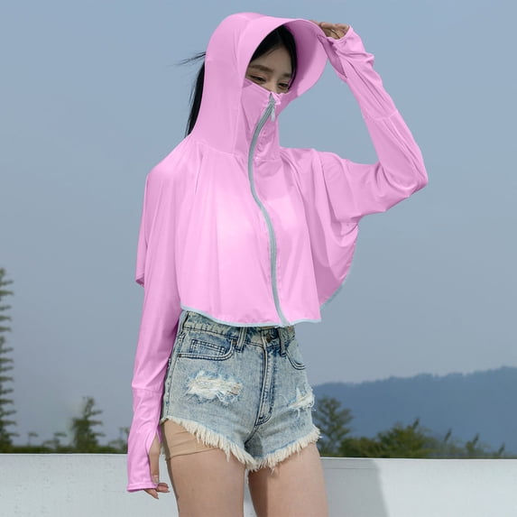 Maqroz Rash Guard Women UPF 50+ Sun Protection Hoodie with Face Mask and Wide Brim Full Coverage UV Long Sleeve Cropped Jacket Batwing Sleeve Lightweight Hiking Cooling Top