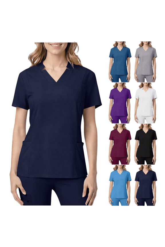 Scrubs Tops for Women V Neck Short Sleeve Shirt Soft Comfortable Breathable Lightweight Care Worker Uniform Solid Professional Care Worker Scrubs Top with Pockets