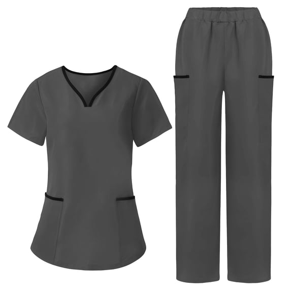 Maqroz Scrubs for Women Set Straight Leg Color Block Short Sleeve V Neck Top and Long Pants with Pockets Set Loose Nurse Uniform 2026 Work Outfits Office Dark Gray M