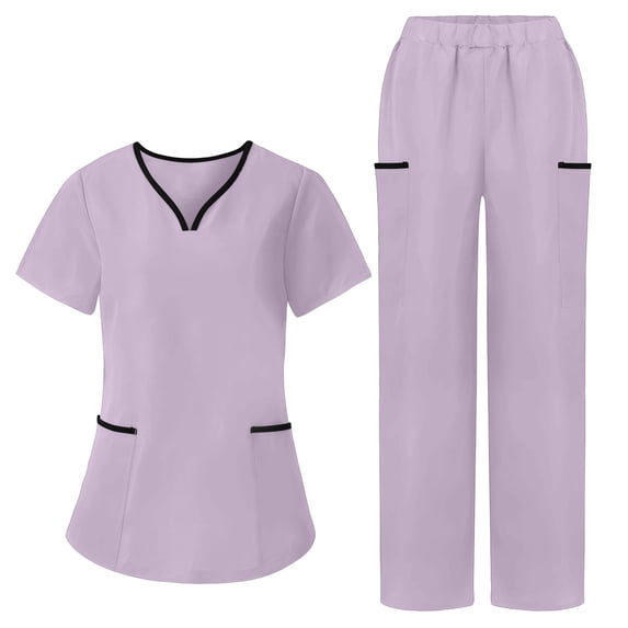 Maqroz Scrubs for Women Set Straight Leg Color Block Short Sleeve V Neck Top and Long Pants with Pockets Set Loose Nurse Uniform 2026 Work Outfits Office Purple XL
