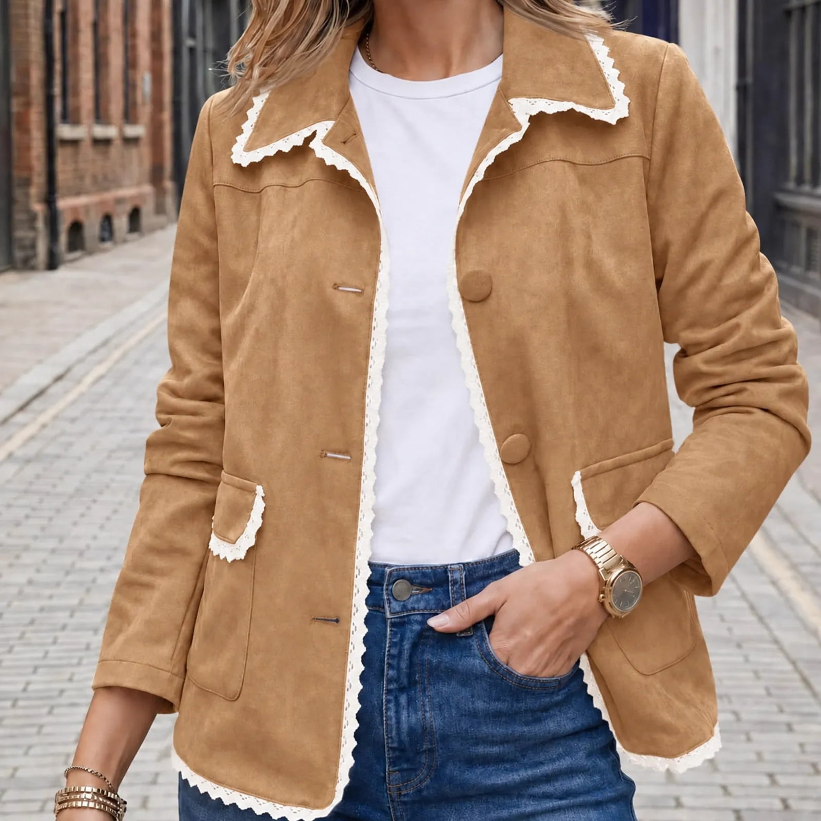 Maqroz Shacket Womens Lapel Long Sleeve Faux Suede Jacket Scalloped ...
