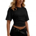 thumbnail image 1 of Maqroz Shirts for Women Trendy Summer Crew Neck Short Sleeve Cropped Tops Solid Side Pleated Casual Blouses 2026 Black S, 1 of 7