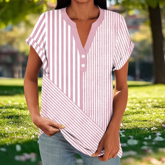 Maqroz Short Sleeve Shirts for Women Print Spring Summer Tunic Tops 2026 Button Down V Neck Tees Casual Blouses Fashion Outfits Clothes Pink XL