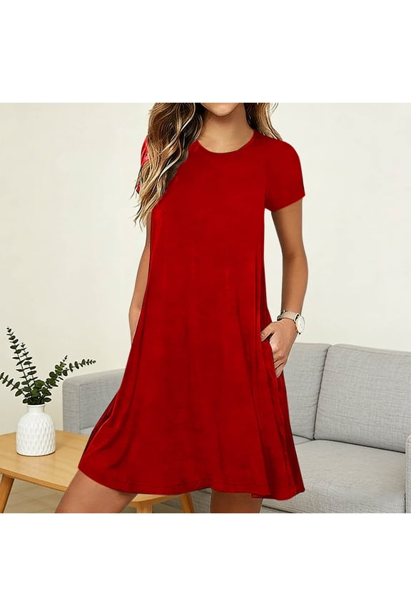 Short Sleeve Sleep Dress for Women Soft Jersey A Line Nightwear Casual Loose Pajama Dress with Side Pockets Knee Length Loungewear for Summer Hot Weather Comfortable Home Sleeping Wear