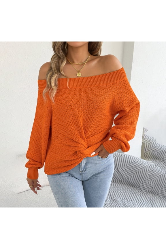 Off The Shoulder Sweaters for Women Long Balloon Sleeves Knit Pullover Textured Knitwear Chic Date Night Blouse Tops with Elegant Twist Knot Front Hem