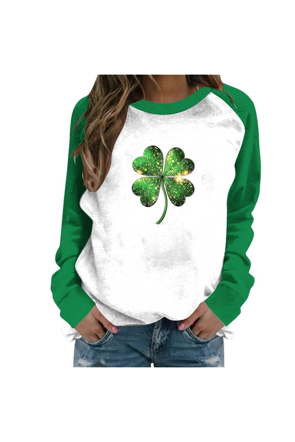 Sparkle Dust Clover Raglan Shirt Women's St Patricks Day Magic Graphic Top for Holiday Party Green,S