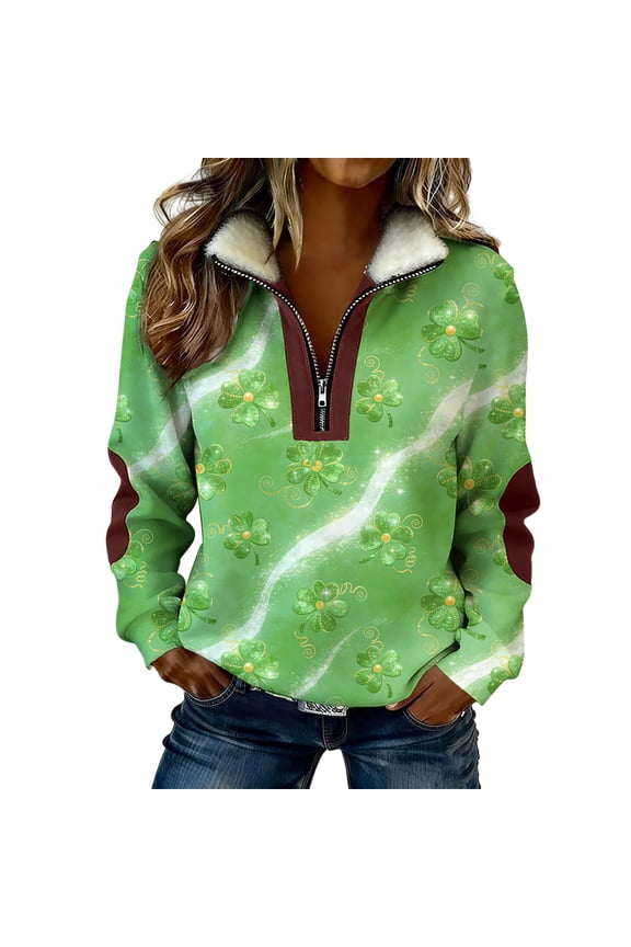 St Patricks Day Magic Swirl Sweatshirt Women Glowing Clover Graphic Quarter Zip Fleece Pullover Stand Collar Green Irish Festival Tops Multicolor,S