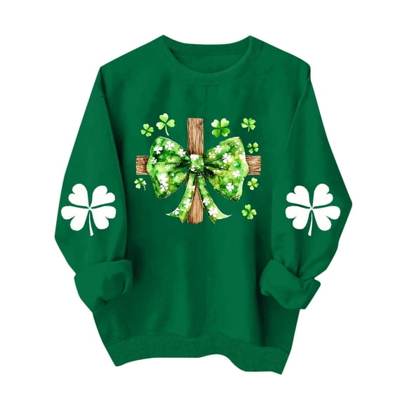 Maqroz St Patricks Day Sweatshirt Women Cross Green Bow Graphic Crewneck Pullover Religious Irish Holiday Top Casual Green,L