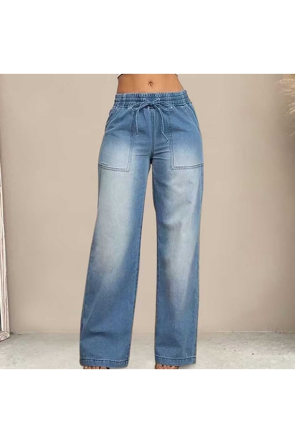 Straight Leg Denim Jeans For Women Casual Pull On Pants Elastic Waist Drawstring Pants Solid Color Trendy Summer Clothing with Pockets