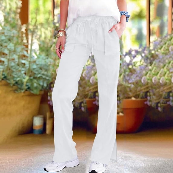 Maqroz Straight Leg Pants for Women High Rise Elastic Waist Drawstring Trouser Loose Casual Lightweight Yoga Trousers with Pockets & Side Slit