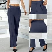 Maqroz Stretchy Pants for Women Elastic Waist Straight Leg Pant Solid Gabardine Style Casual Yoga Office Trousers with Pockets