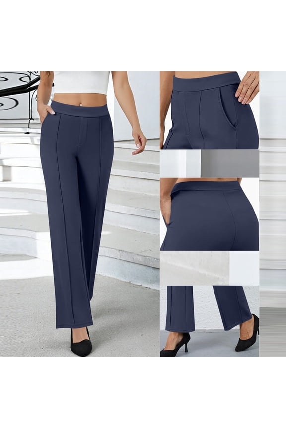 Stretchy Pants for Women Elastic Waist Straight Leg Pant Solid Gabardine Style Casual Yoga Office Trousers with Pockets