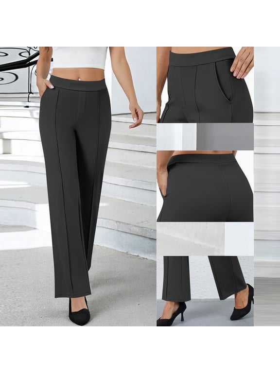 Stretchy Pants for Women Elastic Waist Straight Leg Pant Solid Gabardine Style Casual Yoga Office Trousers with Pockets