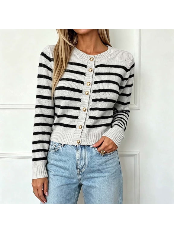 Striped Cardigan for Women Long Sleeve Crew Neck Button Down Sweater Cardigans Fall Winter Fashion Casual Cropped Thin Outerwear