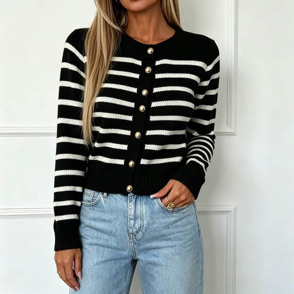 Maqroz Striped Cardigan for Women Long Sleeve Crew Neck Button Down Sweater Cardigans Fall Winter Fashion Casual Cropped Thin Outerwear