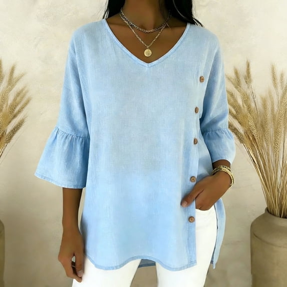 Maqroz Stylish V Neck Bell Sleeve Side Button Top Women Solid Color Blouse Loose Soft Shirt Cotton Blend Plus Size Spring Summer Daily Wear