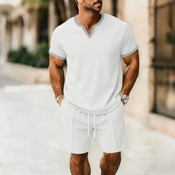 Maqroz Summer 2-Piece Set for Men V-Neck T-Shirt and Shorts Sets Short Sleeve Casual Top with Drawstring Bottoms Beach Vacation Wear