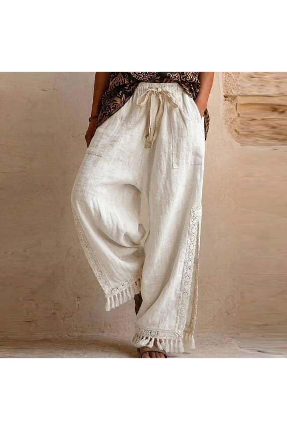 Summer Clothes for Women Flowy Palazzo Pants High Waist Drawstring Waistband Boho Cover Up Bottoms Deep Side Slit Lace Trim Tassel Fringe Hem Beachwear