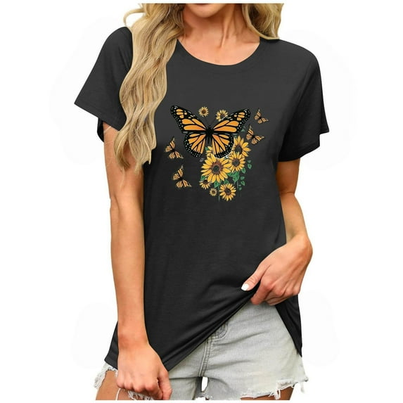 Maqroz Summer Crewneck Short Sleeve Tops for Women Fashion Graphics Blouse Flower Butterfly Printed Loose Casual Shirts