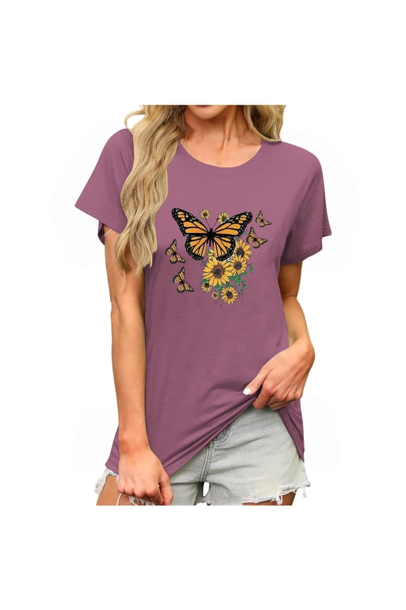 Summer Crewneck Short Sleeve Tops for Women Fashion Graphics Blouse Flower Butterfly Printed Loose Casual Shirts