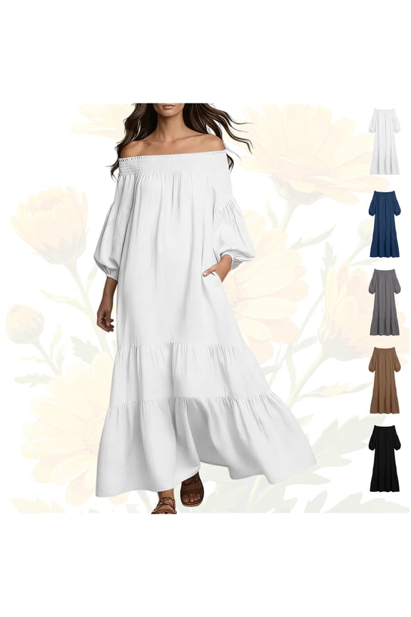 Summer Dresses for Women 2026 Off Shoulder Long Puff Sleeve Smocked Tiered Maxi Dress Flowy Beach Sundress with Pockets Loose Vacation Kaftan Gown