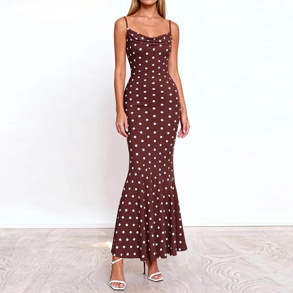 Maqroz Summer Dresses for Women Printed Bodycon Maxi Dress High Waist Slim Fit Floral Pattern Square Neck Sleeveless Long Dress for Beach Vacation Outdoor Brown L