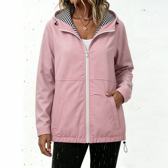 Maqroz Summer Jackets for Women Contrast Zipper Windbreaker Striped Hood Lining Sporty Activewear Elastic Bottom Hem Outdoor Hiking Coat Water Repellent Daily Casual Wear