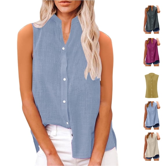 Maqroz Summer Tops for Women Causal Sleeveless Button Down Blouse Business Office Plus Size Tops Solid Lightweight Vacation Shirts