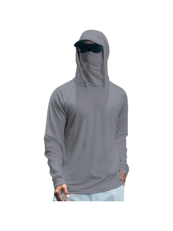 Sun Protection Shirt Men UPF 50+ Plus Size Long Sleeve Hoodie with Built-In Face Mask and Brim Hat UV Protection Clothing Lightweight Hiking Fishing Top