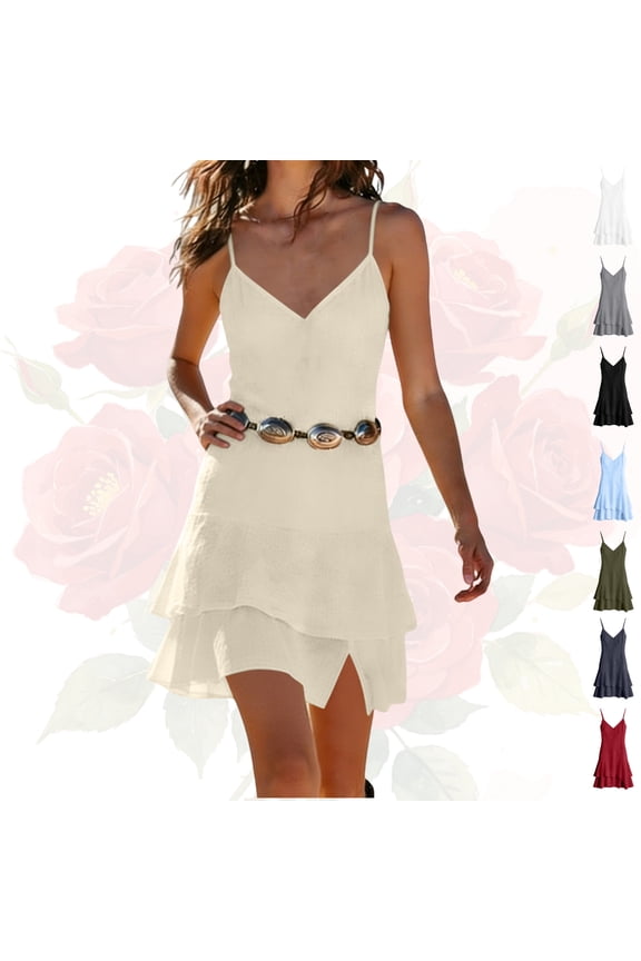 Sundresses Women Summer 2026 Spaghetti Strap Mini Dress Tiered Ruffle Hem V Neck Sleeveless Casual Beach Dresses Flowy Short Sun Dress