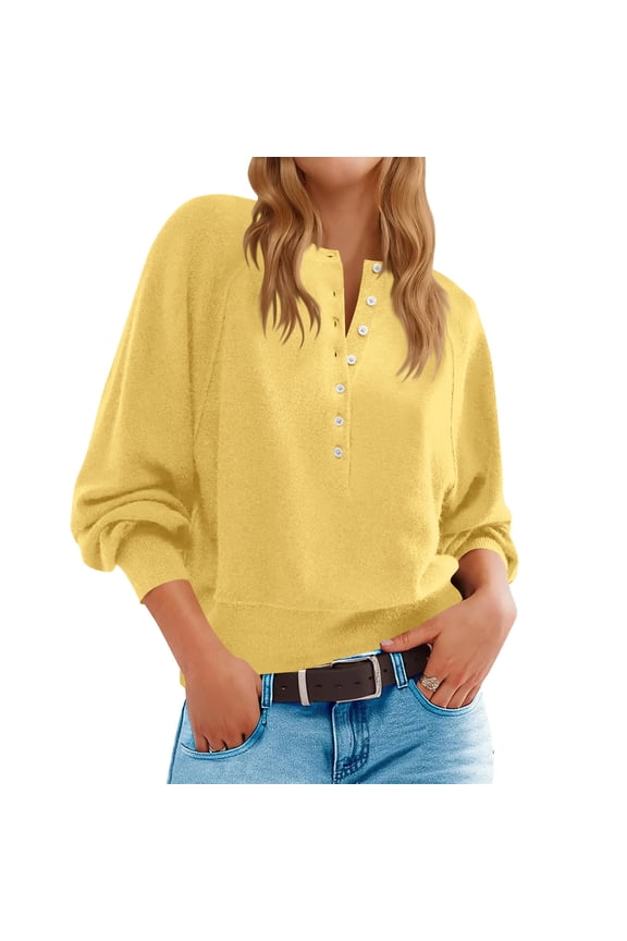 Sweaters for Women Half Button Lantern Sleeves Sweater Crewneck Casual Pullover Fashion Solid Color Pullovers Comfortable Knitting Top Fall Winter Cozy Tops