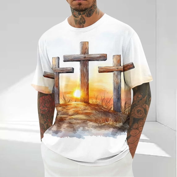 Maqroz T Shirts for Man Plus Size Short Sleeve Crewneck Top Easter Print Jesus Christian Cross Graphic Tshirts Casual Loose Oversized Tee