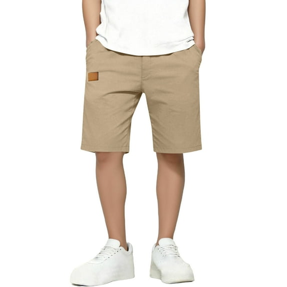 Maqroz Teen Boys Casual Chino Shorts Elastic Waist Drawstring Summer Beach Bottoms Knee Length Outdoor Walking Pants with Pockets Khaki,14-15Years