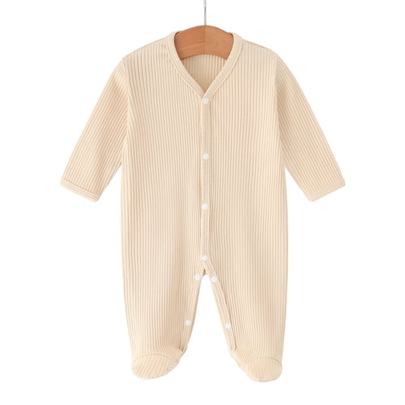 Maqroz Toddler Boy Girl Clothes Long Sleeve Ribbed Footed Sleepwear V-Neck Button Down One Piece Romper Sleep and Play Jumpsuit Basic Loungewear for Sleeping
