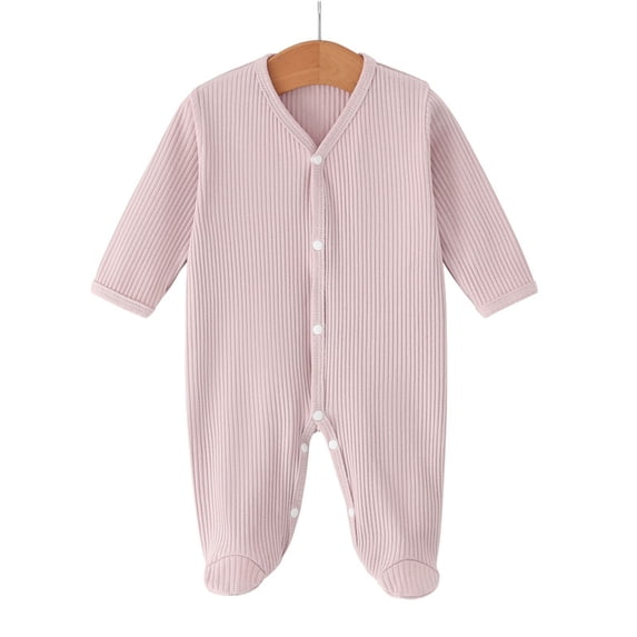 Maqroz Toddler Boy Girl Clothes Long Sleeve Ribbed Footed Sleepwear V-Neck Button Down One Piece Romper Sleep and Play Jumpsuit Basic Loungewear for Sleeping