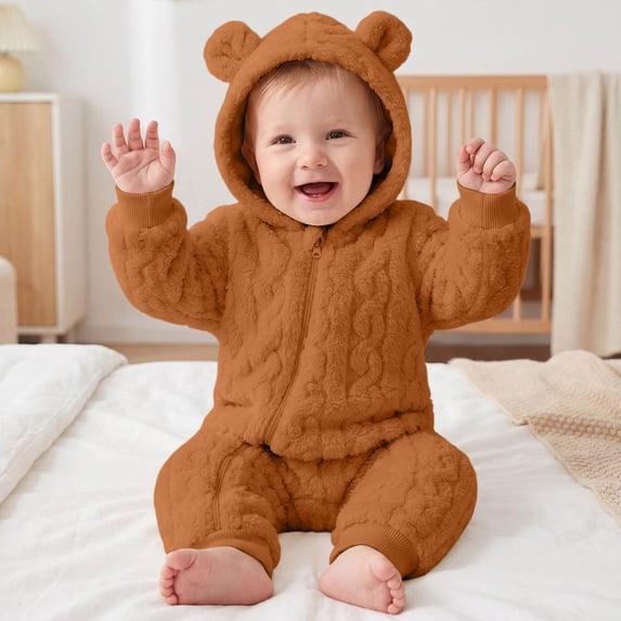 Maqroz Toddler Winter Warm Fleece Romper Boys Girls Long Sleeve Hooded Jumpsuit Casual Outerwear Sleepwear Fashion Playwear Zip Up Clothes with Bear Ears
