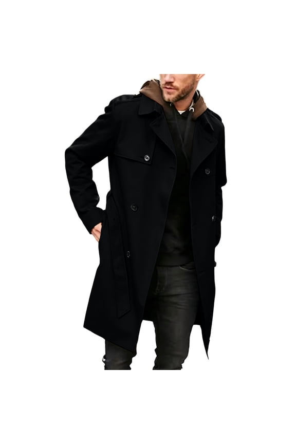 Trench Coats for Men Classic Double Breasted Lapel Collar Mid Length Overcoat Belted Windbreaker Fall Winter Outerwear Casual Business Jacket with Pockets