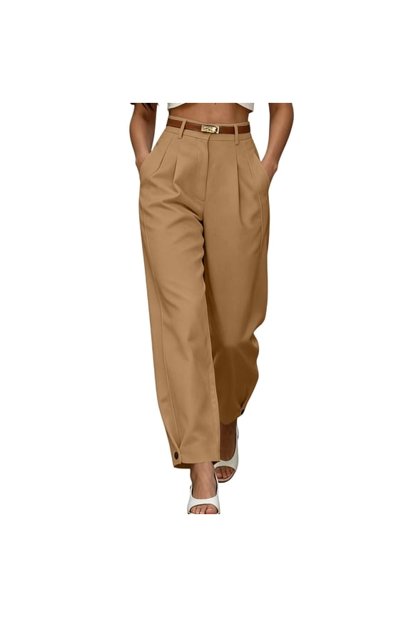 Trousers for Women High Waisted Casual Work Tapered Pants with Buckle Belt Front Pleats Slant Pockets Ankle Button Accents Elegant Business Attire