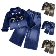 Maqroz Two Piece Sets for Girls Fashion Denim Set Long Sleeve Lapel Jean Jacket Elastic Waist Wide Leg Pants Stylish Ombre Outfits Casual Loose Bow Outfits Size 2-10Y