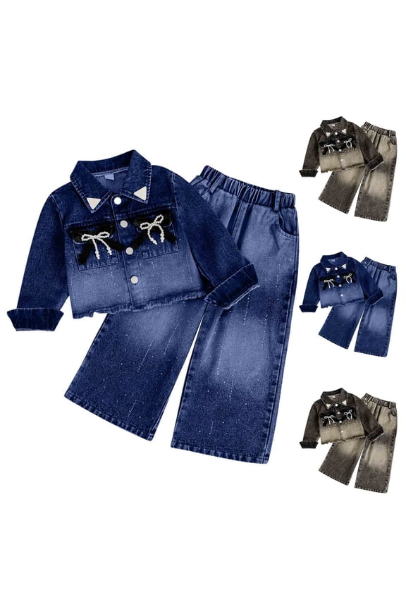 Two Piece Sets for Girls Fashion Denim Set Long Sleeve Lapel Jean Jacket Elastic Waist Wide Leg Pants Stylish Ombre Outfits Casual Loose Bow Outfits Size 2-10Y