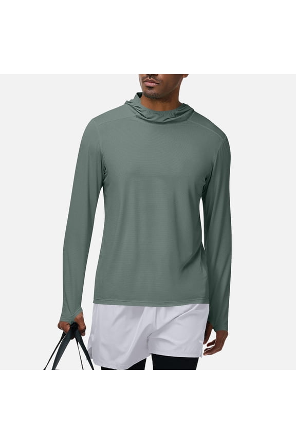 UV Protection Clothing Men UPF 50+ Hooded Long Sleeve Athletic Workout Shirt Lightweight Quick Drying Fishing Hiking Jersey with Thumb Holes