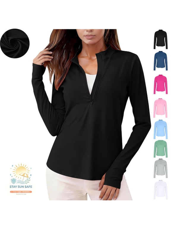 UV Shirts for Women Sun Protection UPF 50+ 1/4 Zip Mock Neck Long Sleeve Athletic Pullover Lightweight Hiking Fishing Tops Gym Workout Flattering Sweatshirt