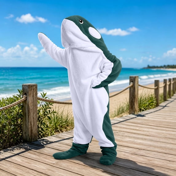 Maqroz Unisex Adult Killer Whale Onesie Animal Pajamas Long Sleeve Cosplay Costume Halloween Party Jumpsuit Winter Warm Sleepwear Novelty Outfit