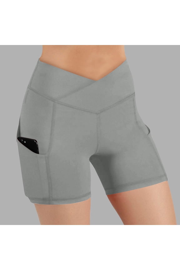 V Crossover Waist Yoga Shorts for Women with Pockets Soft High Waisted Running Shorts Squat Proof Gym Activewear Bottoms Gray,S