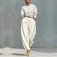thumbnail image 1 of Maqroz Vacation Outfits for Women Long Sleeve Crewneck Pullover with Contrast Piping and High Waist Wide Leg Pants Set Sophisticated Summer Travel Outfit, 1 of 6