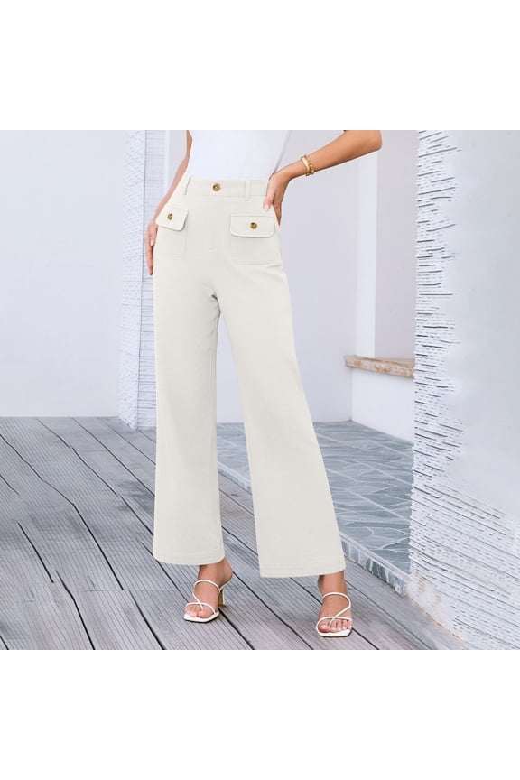 Wide Leg Dress Pants for Women Plus Size Button Down Stretch Bussiness Casual Work Slacks Office Baggy High Waisted Womens Trousers with Pockets Pull on Pants White XL