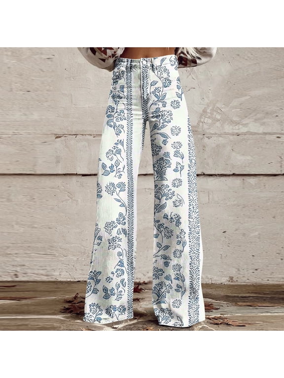 Wide Leg Jeans for Women High Waisted Stretchy Vintage Boho Floral Print Jeans Baggy Flare Denim Pants Plus Size Slacks Trousers with Pockets Fashion Button Down Lounge Pants White XL